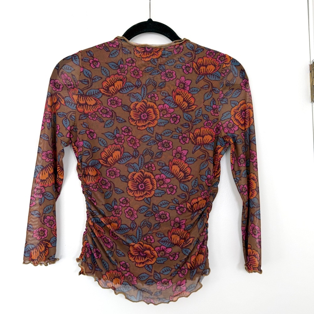Natural Life Women Brown Floral Mesh Ruched Button Front Lettuce Edge Top Small - Picture 6 of 8